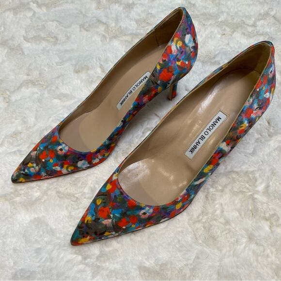 Manolo Blahnik Multicolor Floral Print Satin Pointed Toe Pumps Heels Size 39.5 - Picture 3 of 16